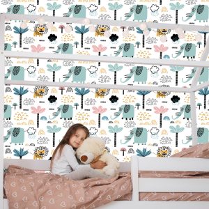 Papier Peint Savane Lions Éléphants Arbres Garçon Chambre – Image 7