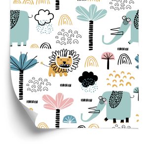 Papier Peint Savane Lions Éléphants Arbres Garçon Chambre – Image 2