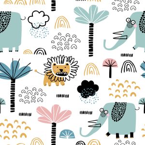 Papier Peint Savane Lions Éléphants Arbres Garçon Chambre – Image 1