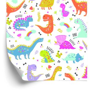 Papier Peint Pour Les Enfants Arc-En-Ciel Et Nuages ​​Dinosaures Colorés – Image 2