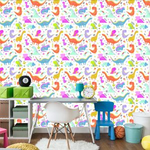Papier Peint Pour Les Enfants Arc-En-Ciel Et Nuages ​​Dinosaures Colorés – Image 4