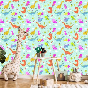 Papier Peint Pour Les Enfants Dinosaures Cactus Arc-En-Ciel Colorés – Image 5