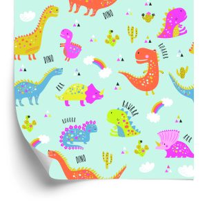 Papier Peint Pour Les Enfants Dinosaures Cactus Arc-En-Ciel Colorés – Image 2