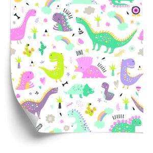 Papier Peint Pour Les Enfants Dinosaures Fleurs Cactus – Image 2