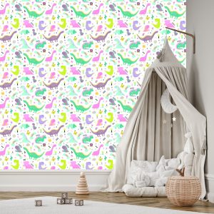 Papier Peint Pour Les Enfants Dinosaures Fleurs Cactus – Image 3