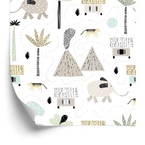 Papier Peint Pour Un Garçon, Animaux, Palmiers, Volcan – Image 2