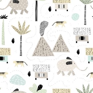 Papier Peint Pour Un Garçon, Animaux, Palmiers, Volcan – Image 1