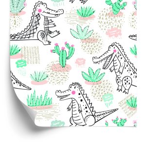 Papier Peint Pour Les Enfants Crocodiles, Fleurs De Cactus – Image 2