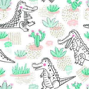 Papier Peint Pour Les Enfants Crocodiles, Fleurs De Cactus – Image 1