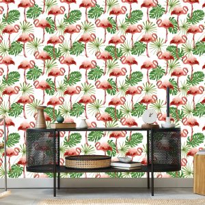 Papier Peint Dans Les Feuilles De Flamants Roses Dans La Chambre Verte De La Nature – Image 5