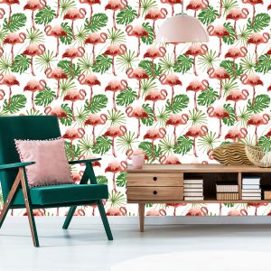 Papier Peint Dans Les Feuilles De Flamants Roses Dans La Chambre Verte De La Nature – Image 6