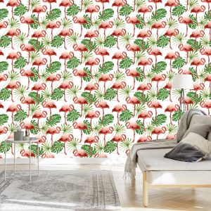 Papier Peint Dans Les Feuilles De Flamants Roses Dans La Chambre Verte De La Nature – Image 3