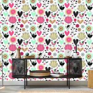 Papier Peint Plantes Oiseaux Et Coeurs Dans Un Style Rétro – Image 5