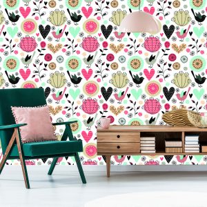 Papier Peint Plantes Oiseaux Et Coeurs Dans Un Style Rétro – Image 6