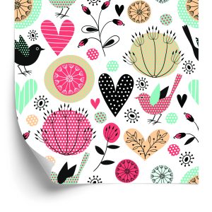 Papier Peint Plantes Oiseaux Et Coeurs Dans Un Style Rétro – Image 2