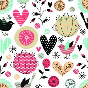 Papier Peint Plantes Oiseaux Et Coeurs Dans Un Style Rétro – Image 1