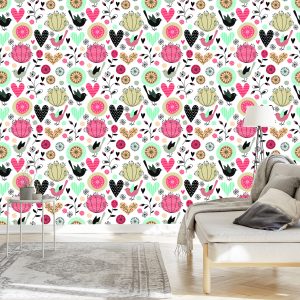 Papier Peint Plantes Oiseaux Et Coeurs Dans Un Style Rétro – Image 3