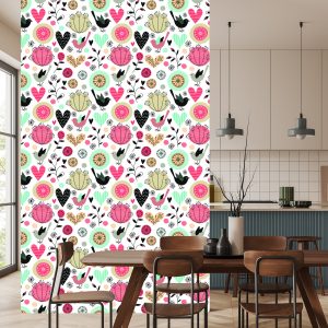 Papier Peint Plantes Oiseaux Et Coeurs Dans Un Style Rétro – Image 4