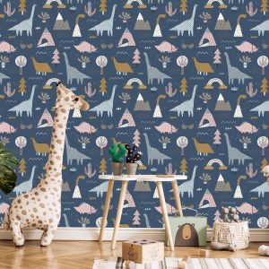 Papier Peint Enfants, Dinosaures Colorés, Arc-En-Ciel, Nuages – Image 5