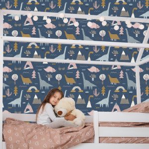 Papier Peint Enfants, Dinosaures Colorés, Arc-En-Ciel, Nuages – Image 7