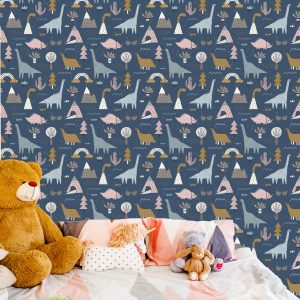 Papier Peint Enfants, Dinosaures Colorés, Arc-En-Ciel, Nuages – Image 6