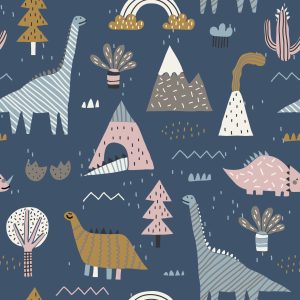 Papier Peint Enfants, Dinosaures Colorés, Arc-En-Ciel, Nuages – Image 1