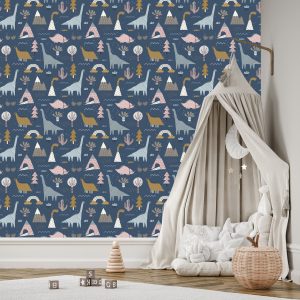 Papier Peint Enfants, Dinosaures Colorés, Arc-En-Ciel, Nuages – Image 3