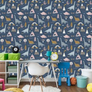 Papier Peint Enfants, Dinosaures Colorés, Arc-En-Ciel, Nuages – Image 4