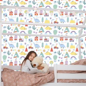 Papier Peint Pour Un Garçon Dinosaures Colorés Cime D'arbre – Image 7