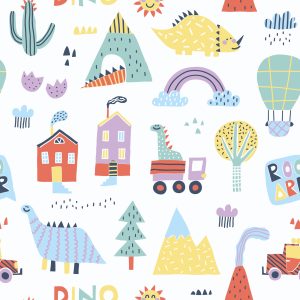 Papier Peint Pour Un Garçon Dinosaures Colorés Cime D'arbre – Image 1