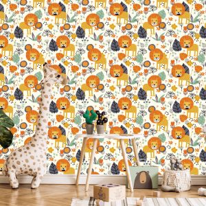 Papier Peint Lions, Feuilles, Fleurs, Plantes, Chambre De Garçon – Image 5
