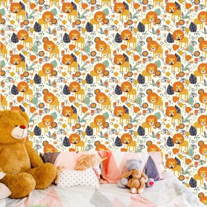 Papier Peint Lions, Feuilles, Fleurs, Plantes, Chambre De Garçon – Image 6