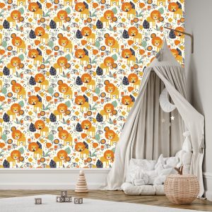 Papier Peint Lions, Feuilles, Fleurs, Plantes, Chambre De Garçon – Image 3