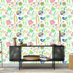 Papier Peint Pour Les Enfants - Plantes Et Oiseaux Colorés – Image 5