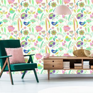 Papier Peint Pour Les Enfants - Plantes Et Oiseaux Colorés – Image 6