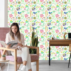 Papier Peint Pour Les Enfants - Plantes Et Oiseaux Colorés – Image 7