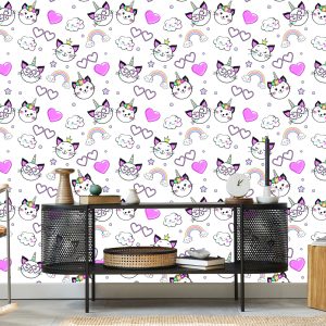 Papier Peint Pour Les Enfants - Petits Chatons, Coeurs Et Étoiles – Image 5