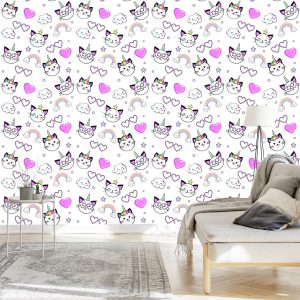 Papier Peint Pour Les Enfants - Petits Chatons, Coeurs Et Étoiles – Image 3