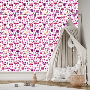 Papier Peint Pour La Chambre Des Filles Hiboux Colorés Fleurs – Image 3