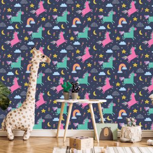 Papier Peint Pour Les Filles Avec Des Licornes Arc-En-Ciel Colorées – Image 5