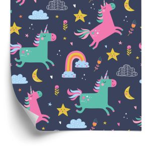 Papier Peint Pour Les Filles Avec Des Licornes Arc-En-Ciel Colorées – Image 2