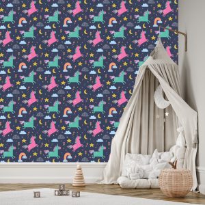 Papier Peint Pour Les Filles Avec Des Licornes Arc-En-Ciel Colorées – Image 3