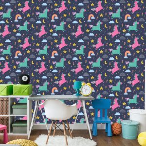 Papier Peint Pour Les Filles Avec Des Licornes Arc-En-Ciel Colorées – Image 4