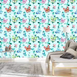 Papier Peint Pour Les Enfants Papillons Fleurs Vert – Image 3