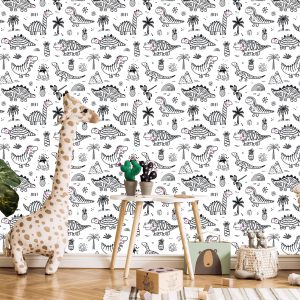 Papier Peint Pour Les Enfants Dinosaures Montagnes D'arbres Fleurs – Image 5