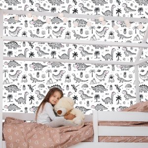 Papier Peint Pour Les Enfants Dinosaures Montagnes D'arbres Fleurs – Image 7