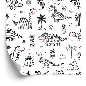 Papier Peint Pour Les Enfants Dinosaures Montagnes D'arbres Fleurs – Image 2