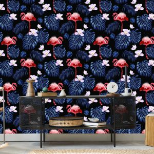 Papier Peint Nous Flamants Roses Feuilles Fleurs Nature Pour Salon – Image 5