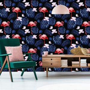 Papier Peint Nous Flamants Roses Feuilles Fleurs Nature Pour Salon – Image 6