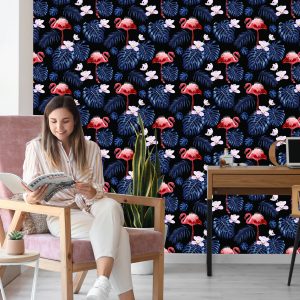 Papier Peint Nous Flamants Roses Feuilles Fleurs Nature Pour Salon – Image 7